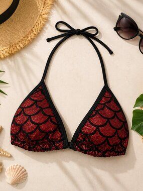 Living Dead Clothing Mermaid Bikini Top | Red Foil Triangle Goth Swimwear